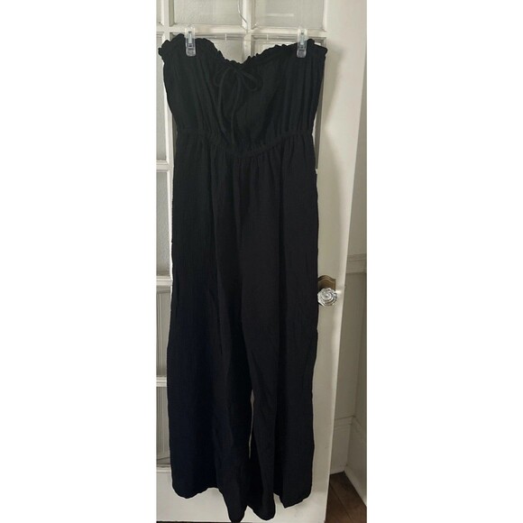 Black Strapless Jumpsuit Women's 1X Crinkle Wide Leg Tie Waist NWT - Picture 1 of 9